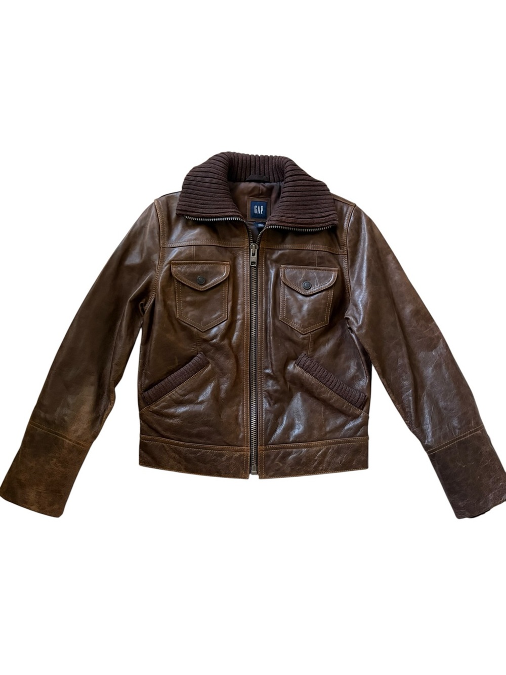 GAP 100% Genuine Leather Vintage Y2K NWT Bomber Knit Collar Brown Jacket NWT